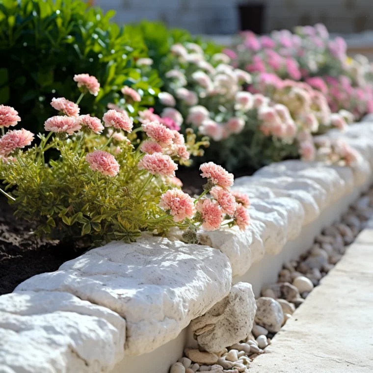 bordure de jardin calcaire fleurs roses feuilles vertes