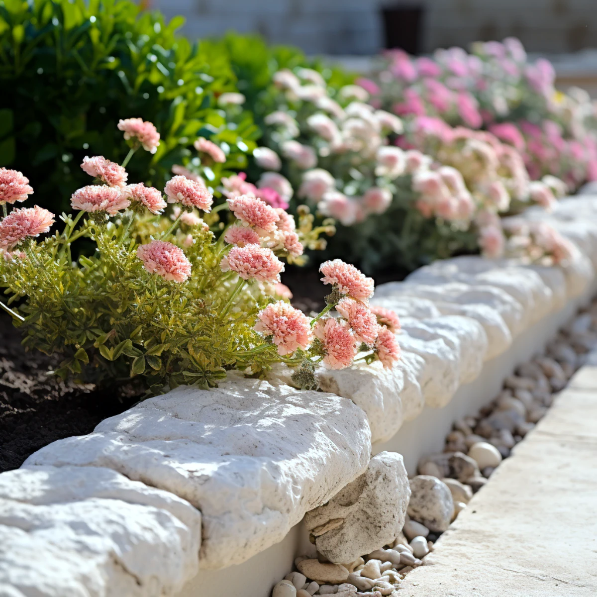 bordure de jardin calcaire fleurs roses feuilles vertes