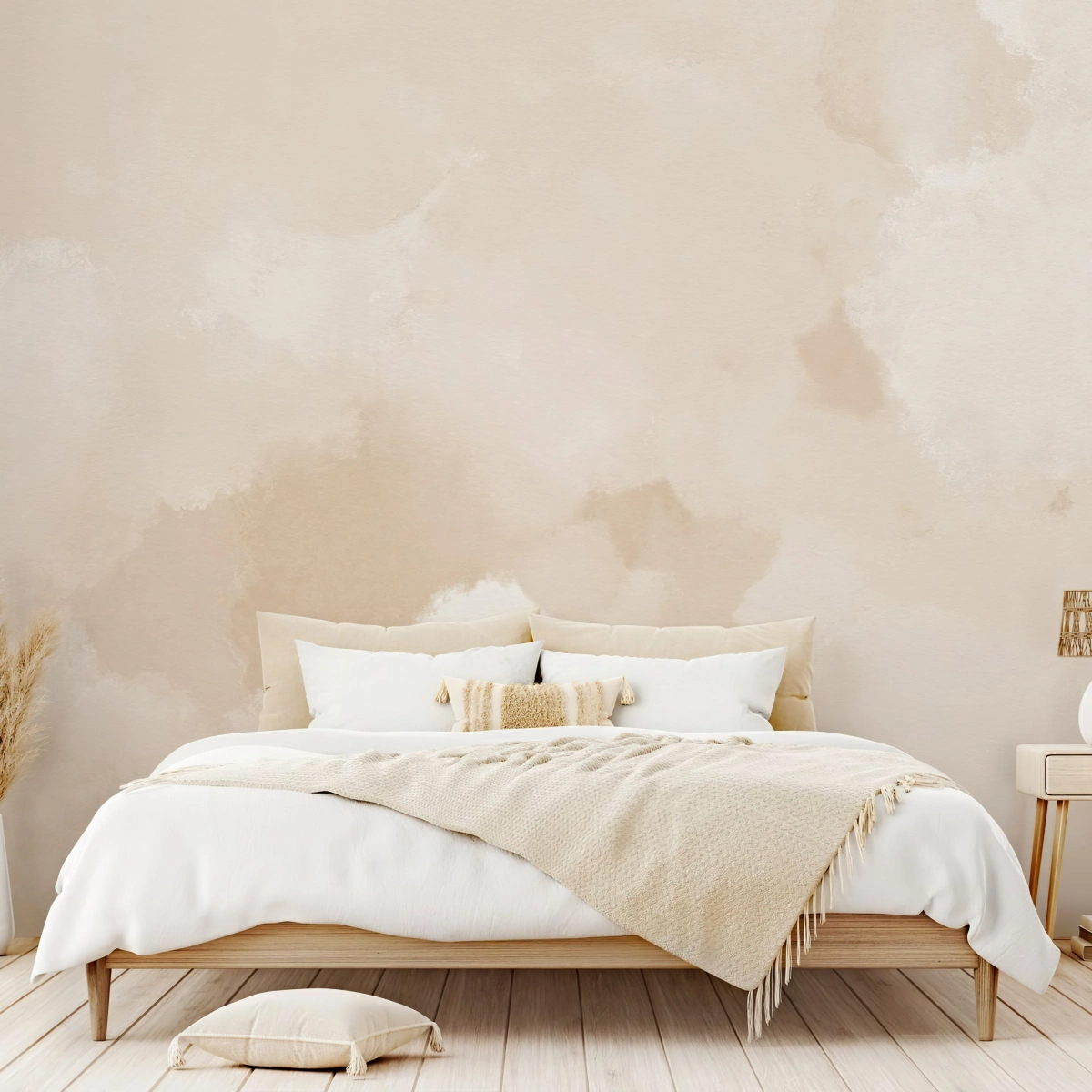 chambre cosy couleur beige mur papier peint effet peinture lit bois clair