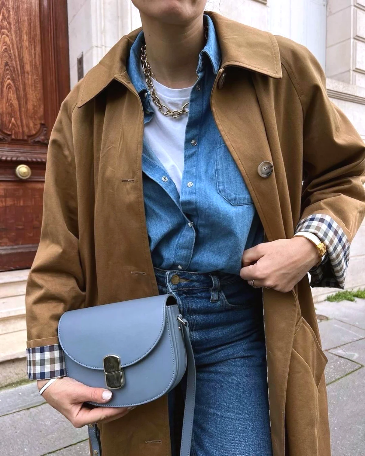 comment s habiller a 60 ans trench marron chemise en jean sac bleu