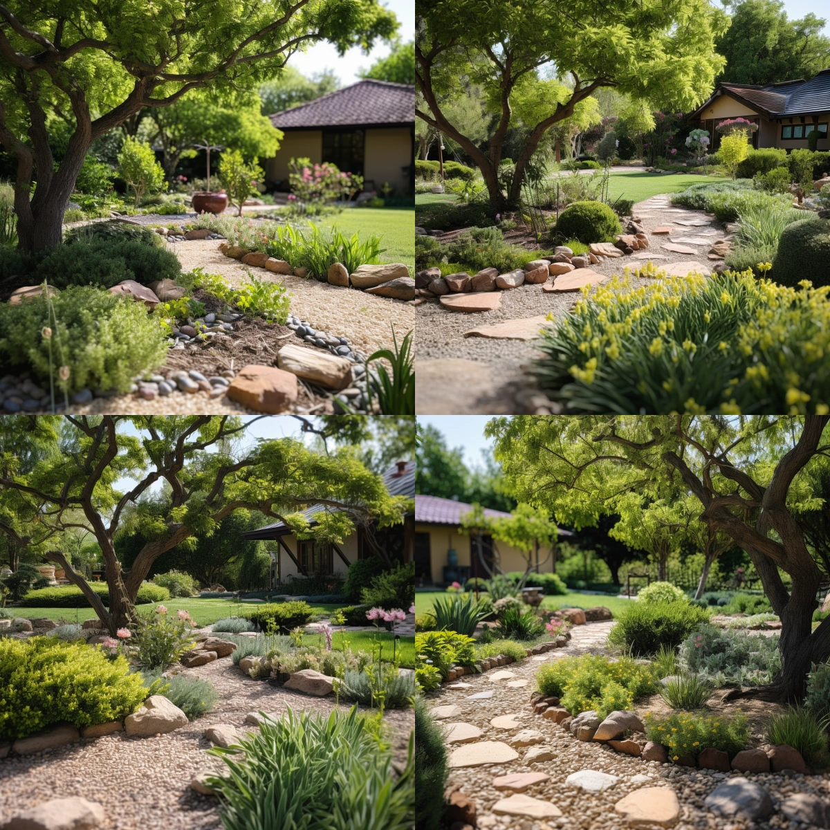 exemples decoration exterieure jardin cailloux bordures pierres ombre arbre