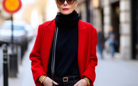 femme 60 ans tenue moderne veste rouhe jean ceinture lunettes de soleil