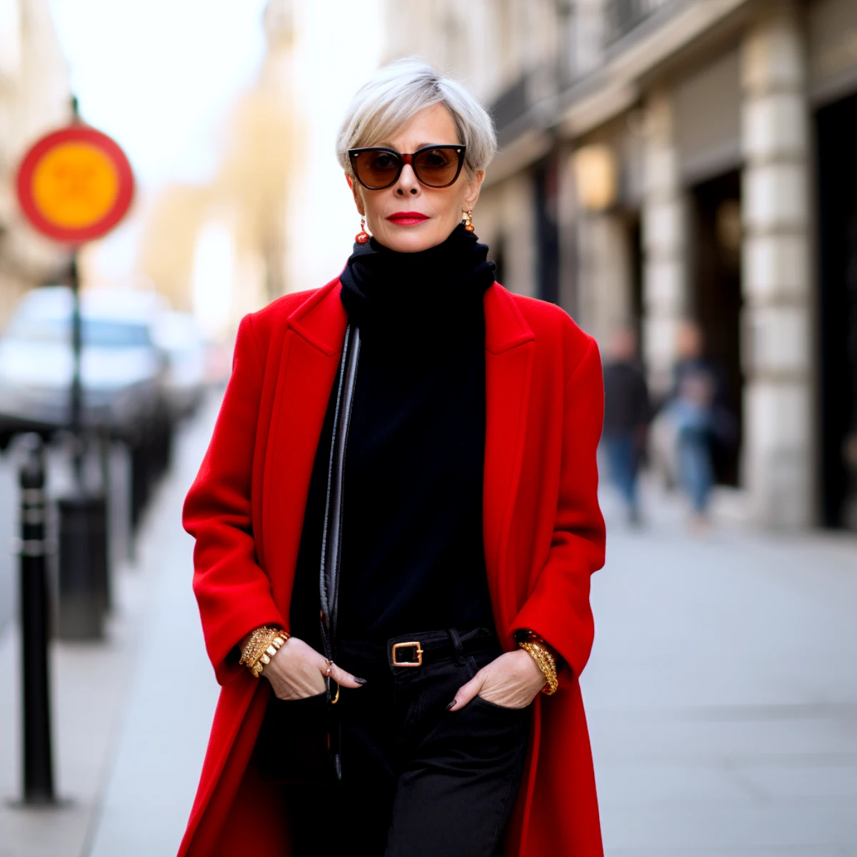femme 60 ans tenue moderne veste rouhe jean ceinture lunettes de soleil