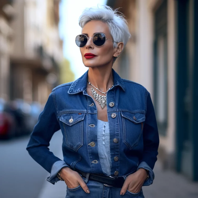 mode femme 60 ans tenue en jean femme lunettes cheveux blancs