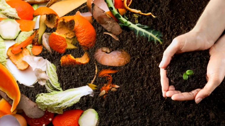 peleures d orange dans le compost terre mains de femme