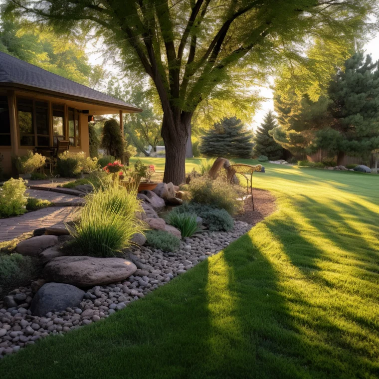 reflets soleil lumiere sur gazon vert pelouse bordure pierre plantes