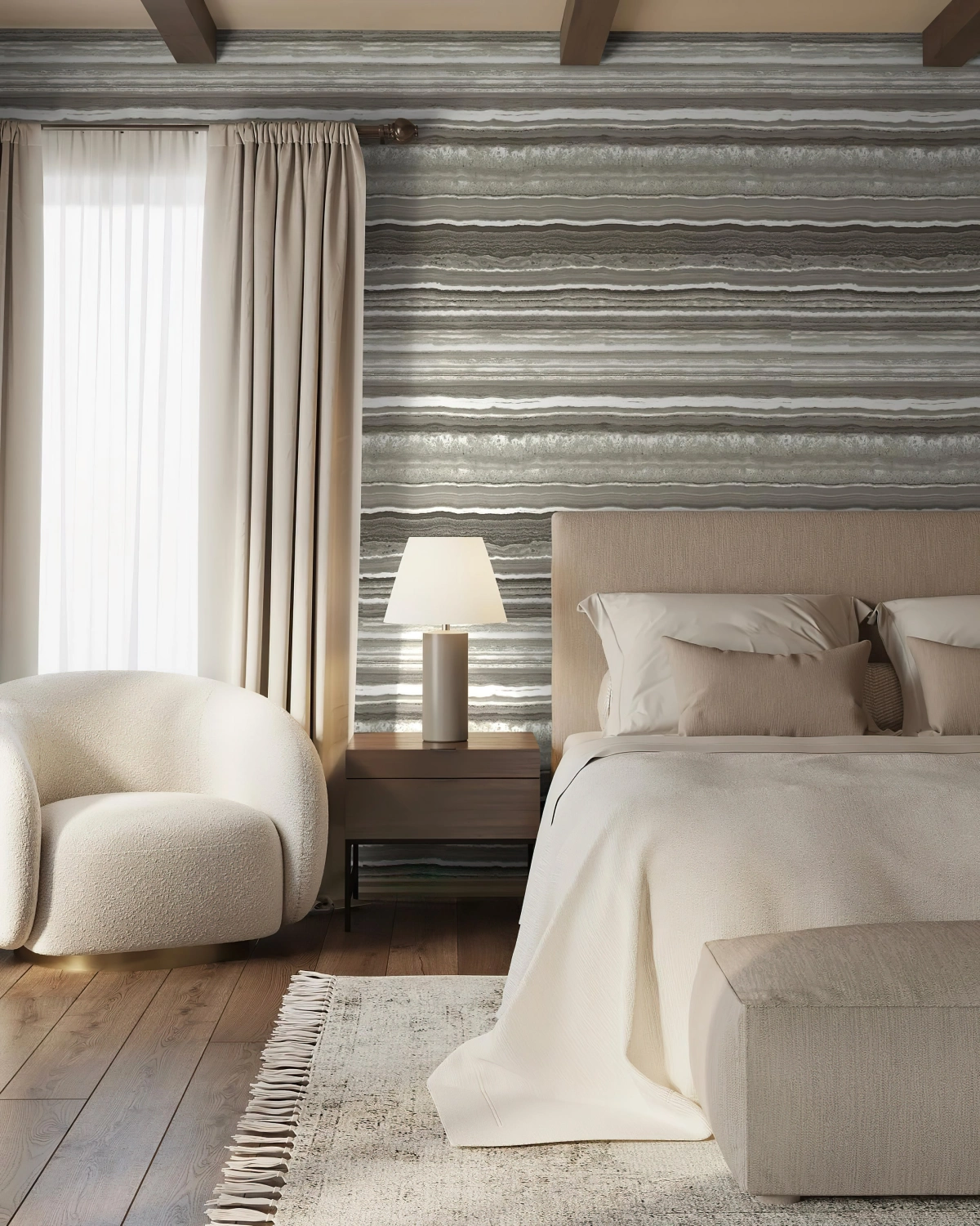 rideaux beige deco chambre adulte moderne tete de lit beige tapis franges