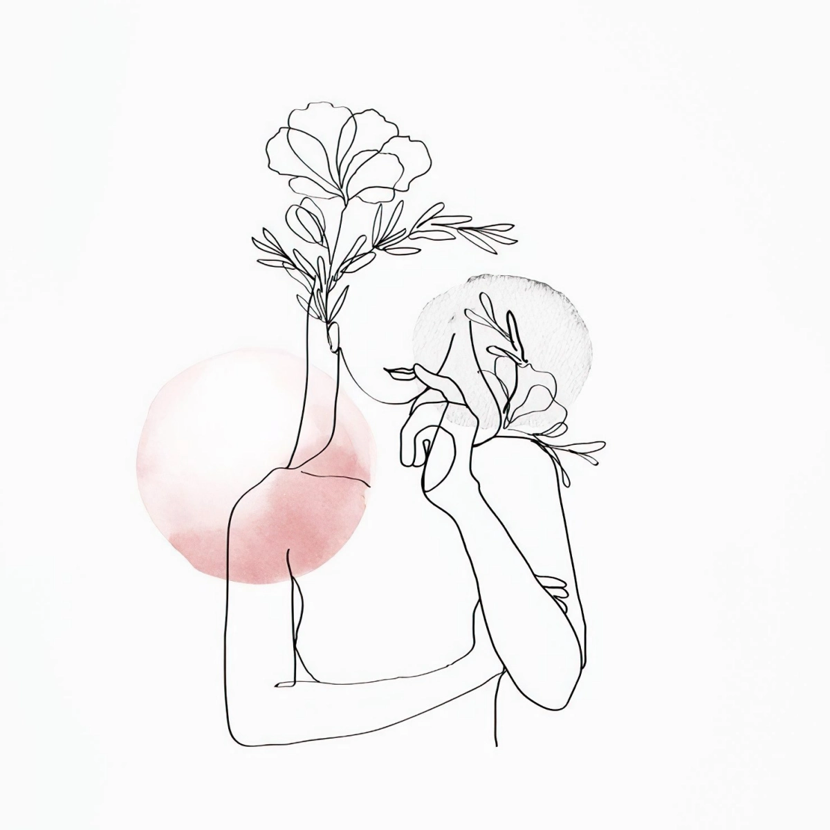 silhouette corps tete femme levres mains bras couronne de fleurs feuilles