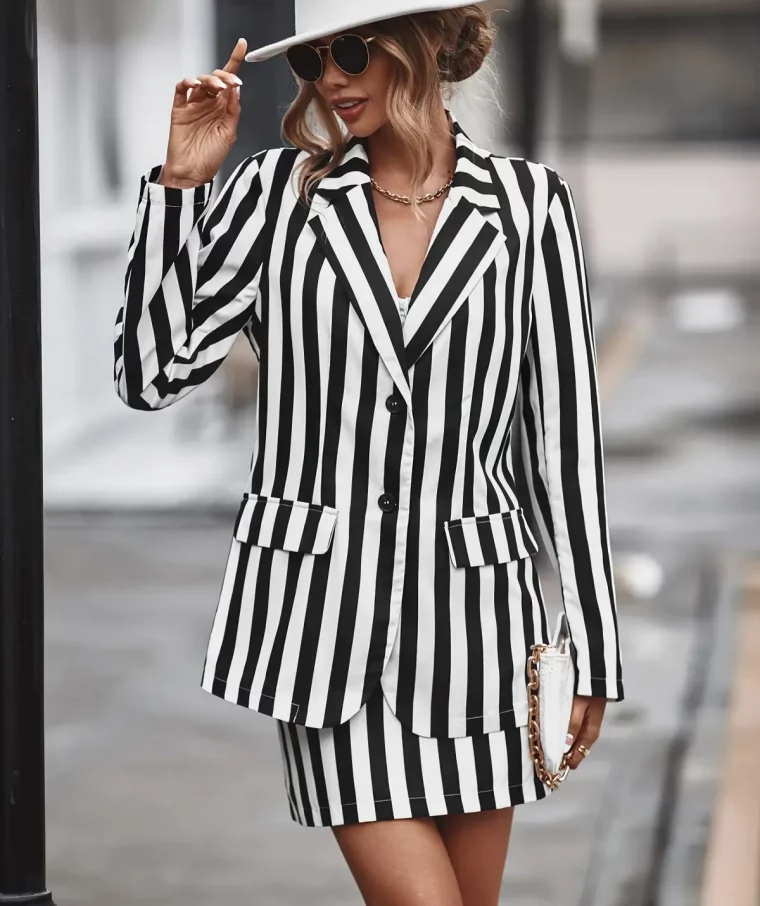 tailleur femme jupe et veste rayures noir et blanc