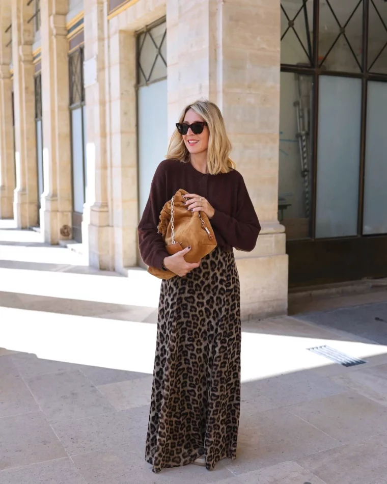 tenue chic et parisienne mode femme 50 ans jupe longue leopard top noir