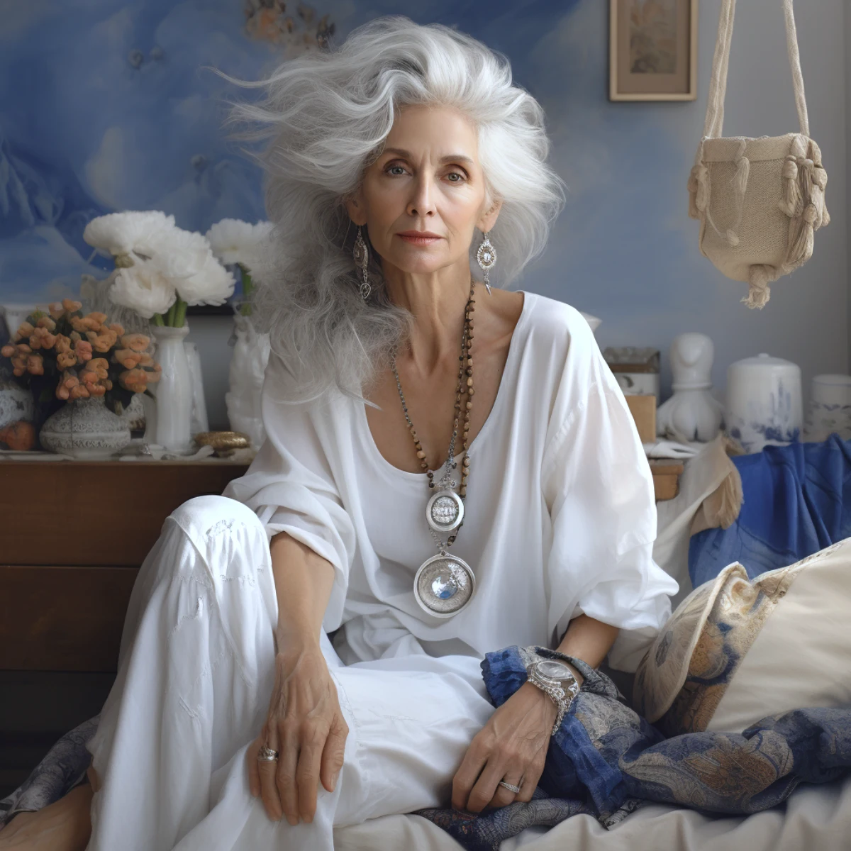 tenue romantique boheme robe blanche femme 60 ans cheveux gris