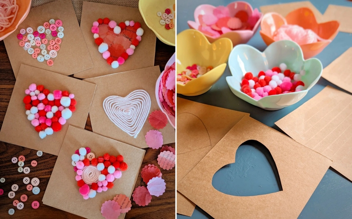 cartes pour la saint valentin coeurs mini pompons colores papier cartone