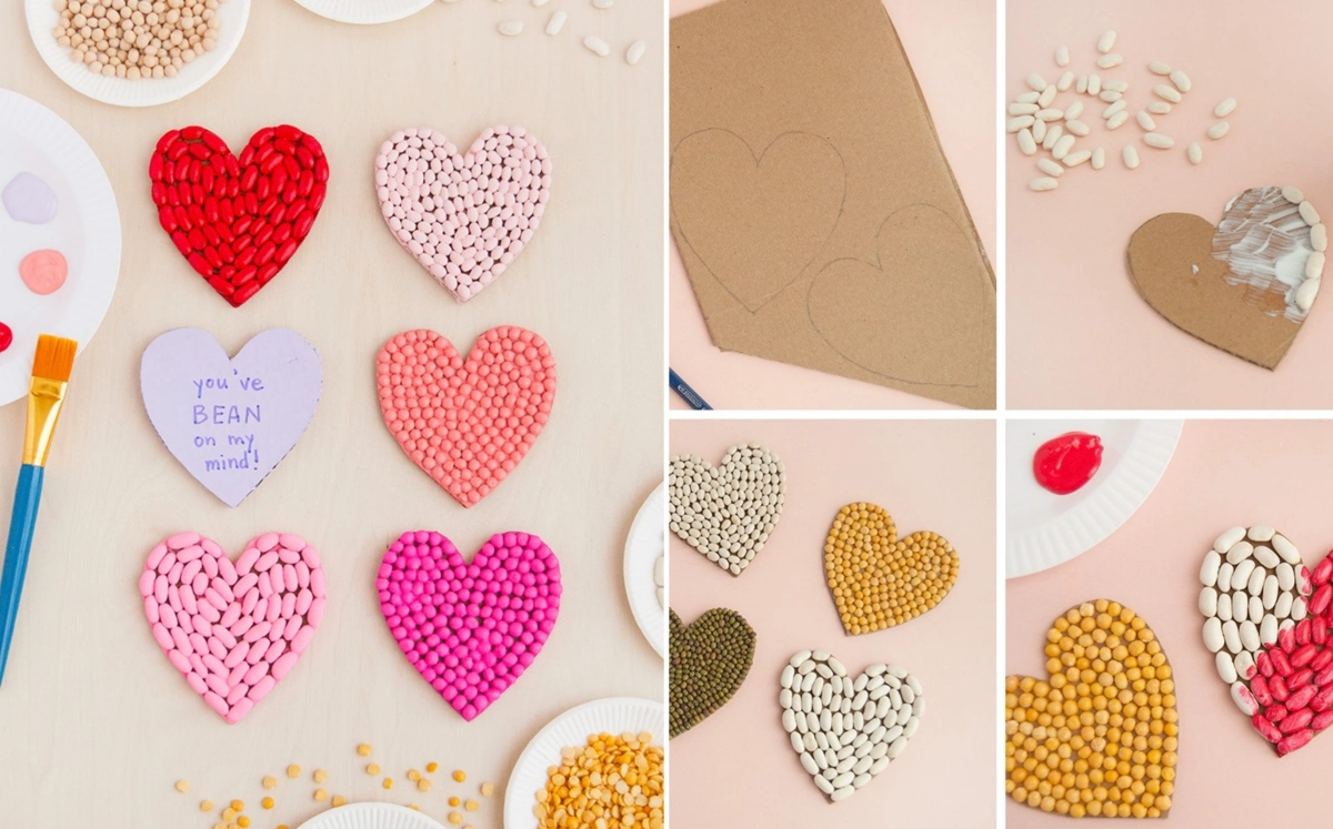 coeurs saint valentin carton papier gabarit forme haricots peinture pinceau