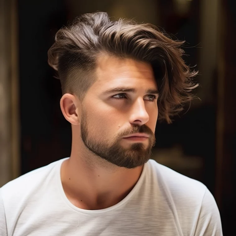 coupe de cheveux homme mi long degrade avec barbe t shirt blanc