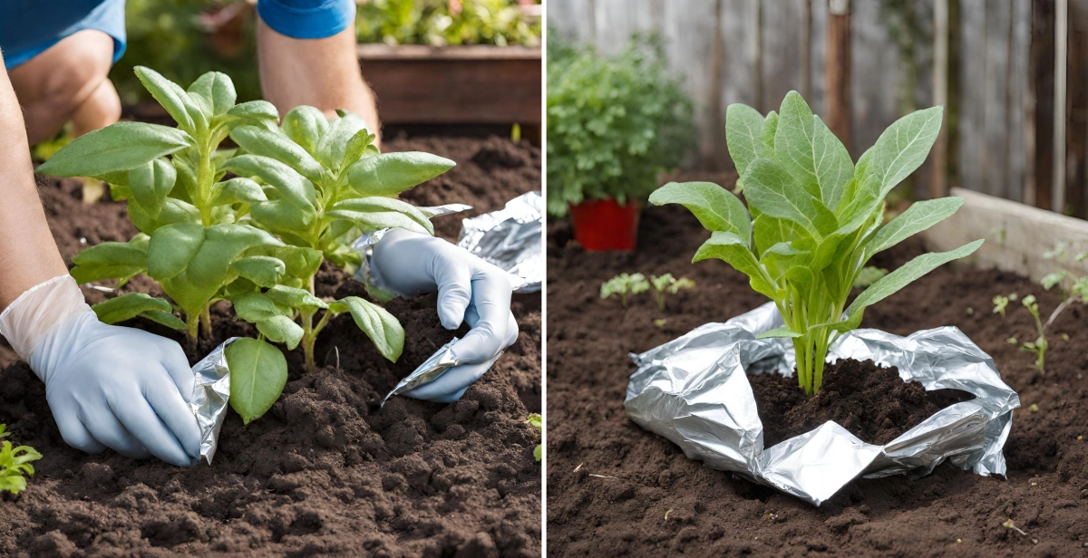 jardinage gants sol plantes jeunes papier aluminium autour de la base