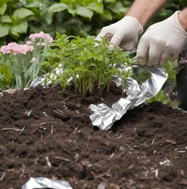 morceaux papier aluminium dans le sol jardin jeunes plantes gants