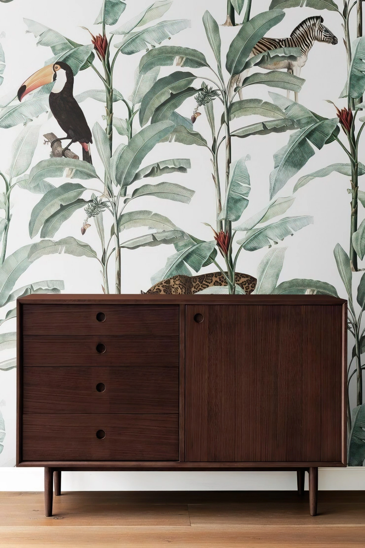 papier peint mural motifs feuillages palmier oiseau tropicaux imprimes