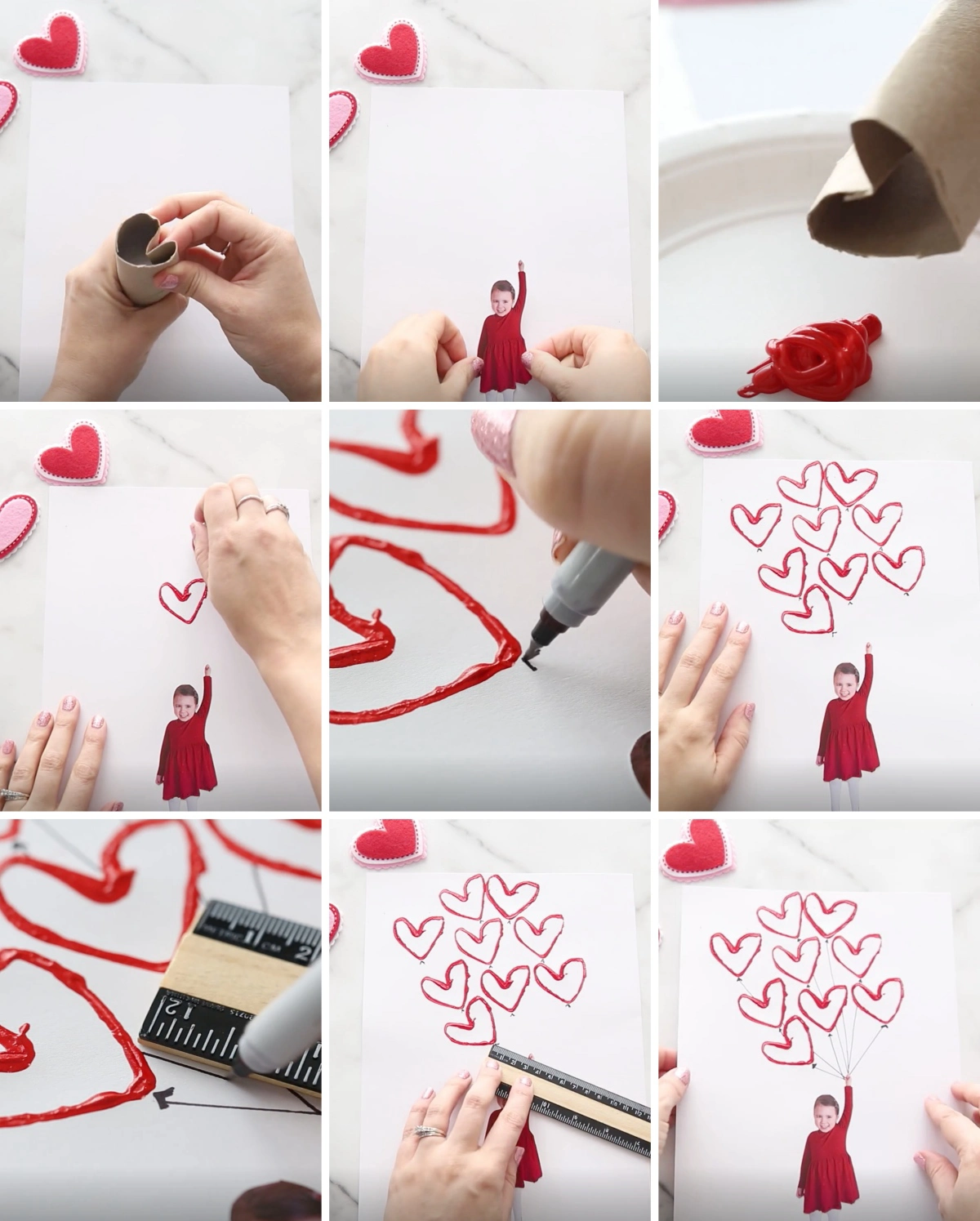 pas a pas fabrication carte st valentin avec photo dessins coeurs rouges empreintes