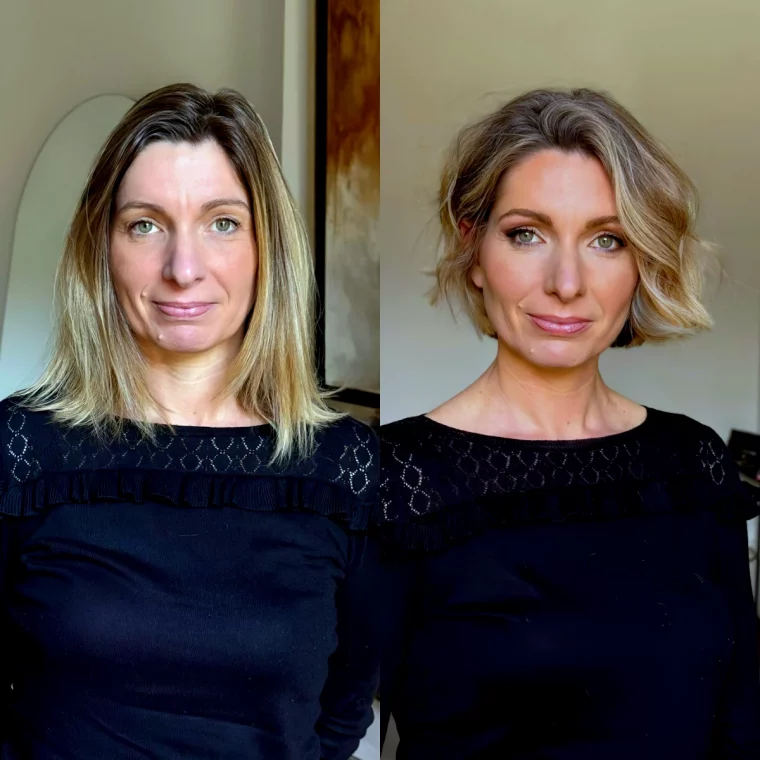 relooking femme 50 ans avant après cheveux mi longs