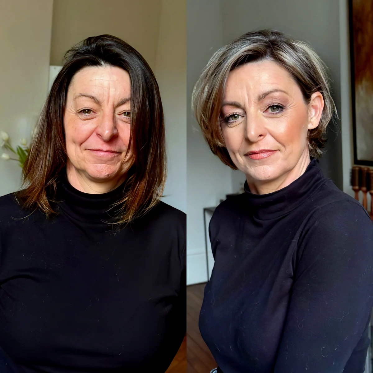 relooking femme 50 ans avant après coloration et coupe de cheveux