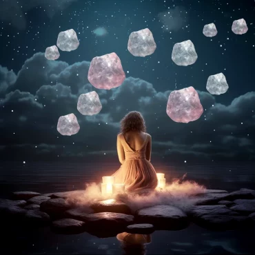 rituels nouvelle lune 2024 femme assise pierres roses et violettes