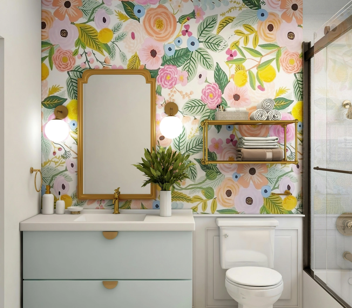 salle de bain papier peint motifs fleurs couleurs miroir plante verte