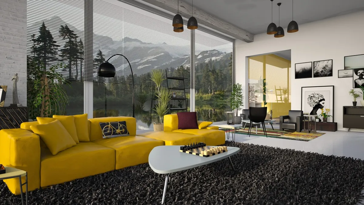style moderne canape unique jaune tapis noir