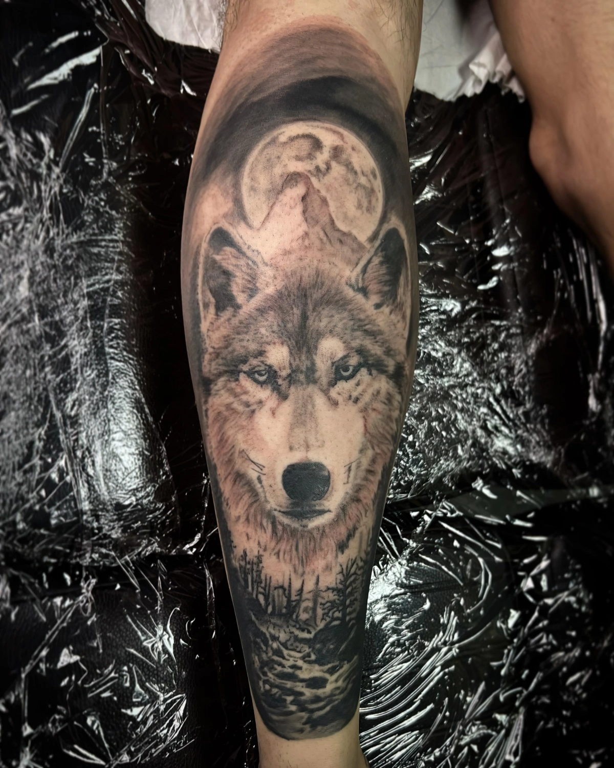 tatouage loup lune paysage nocturne dessin corps homme mollet