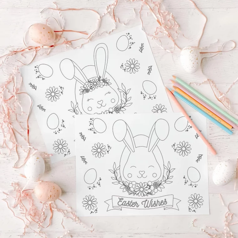 dessin de paques facile lapin oreille couronne de fleurs oeufs