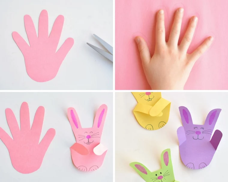 empreinte enfant main papier colore diy figurines lapins visage dessin