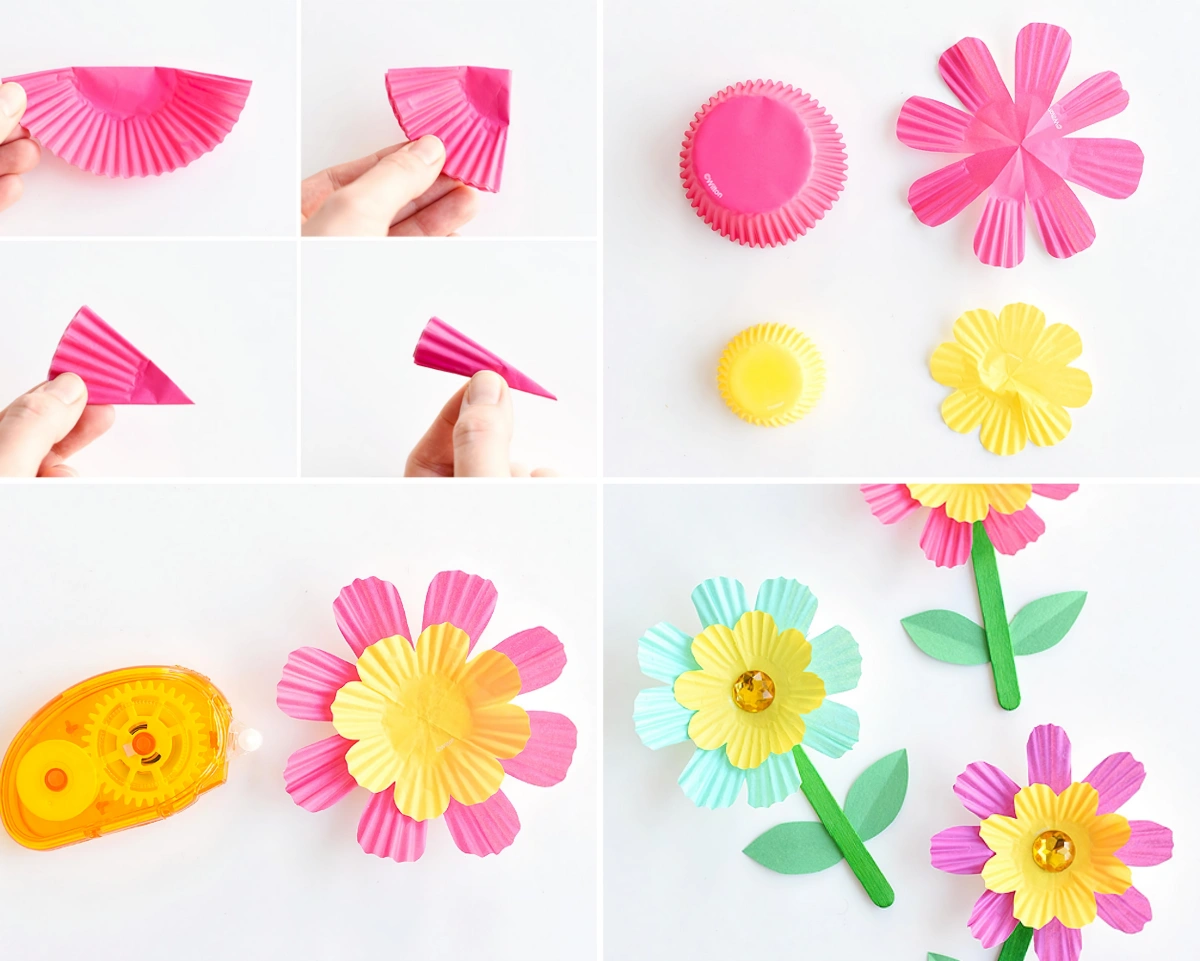 fleurs moule papier cupcake colore papier tutoriel enfant paques bricolage