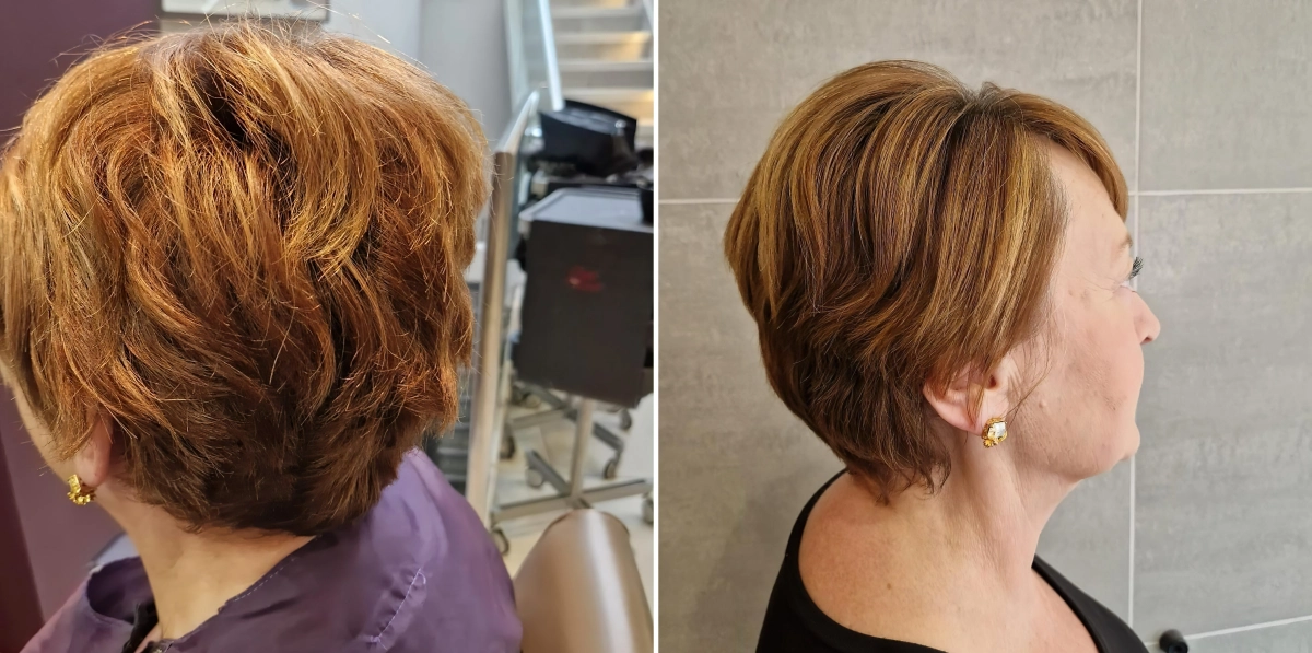 relooking coiffure femme 50 ans meches blond miel caramel creoles or