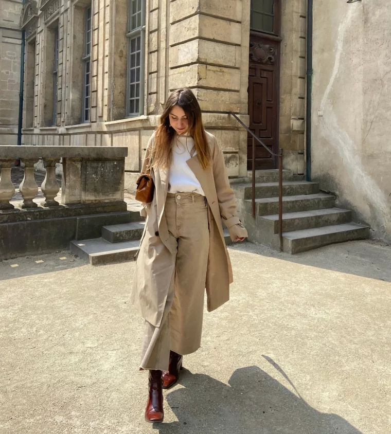 trench long oversize femme pantalon loose beige blouse blanche bottines cuir