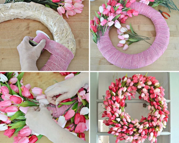 tuto paques facile diy couronne avec tulipes ruban tissu surface bois