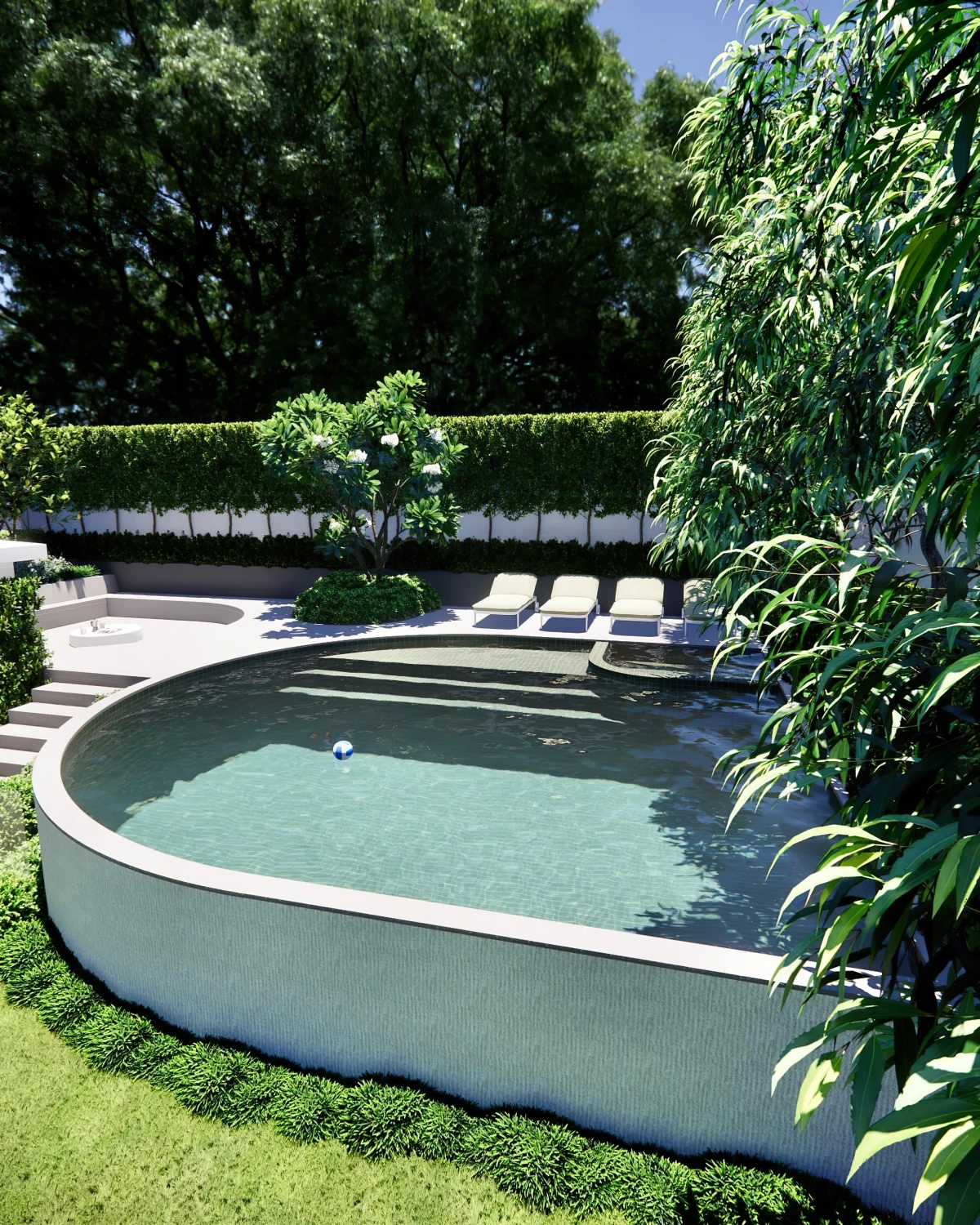 amenagement paysager autour piscine surelevee transats cloture plantes grimpantes