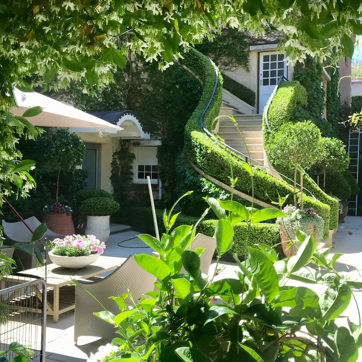 amenagement paysager meubles jardin exterieur escalier arc plante verte