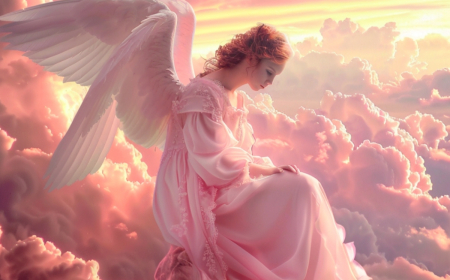 chiffres miroir 14 14 ange femme ailes nuages roses