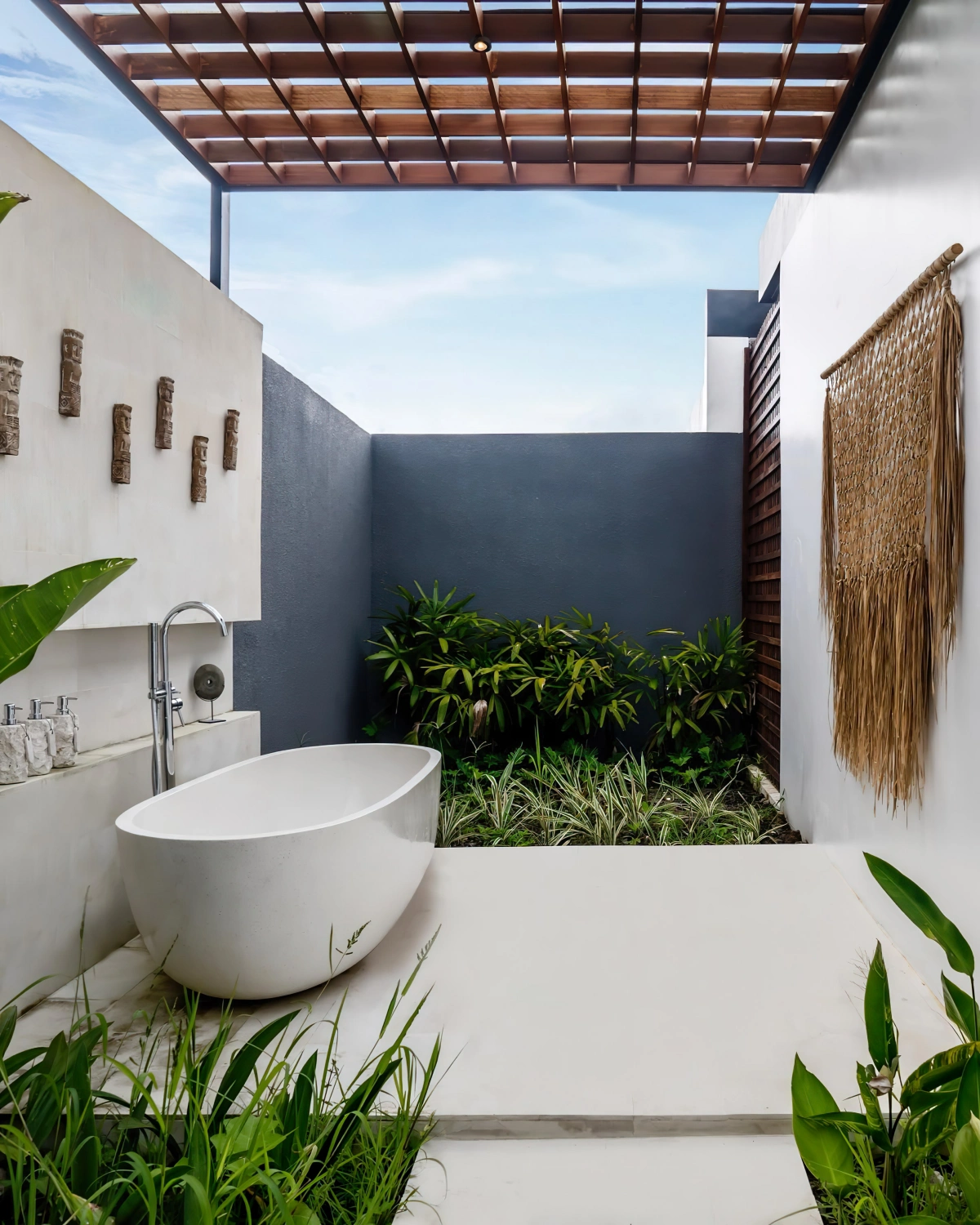 idee carrelage salle de bain zen blanc mur gris anthracite plantes vertes