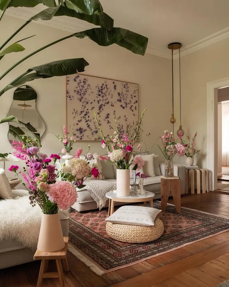 interieur printanier en blanc moderne avec des fleurs