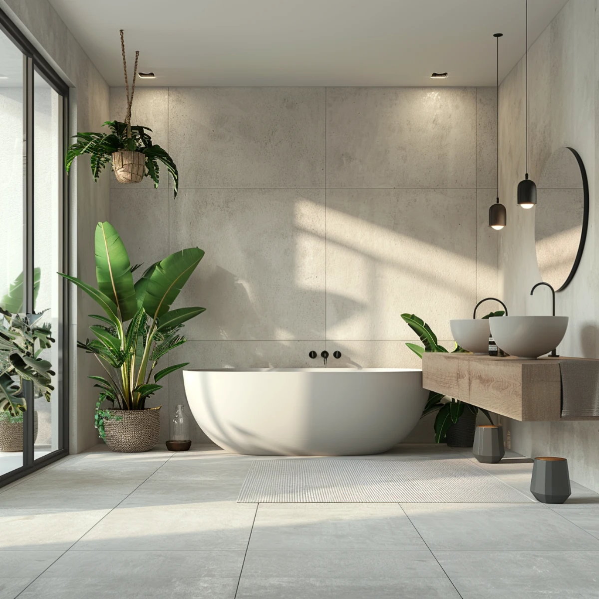 meubles blancs et design pour une salle de bain minimalise plantes vertes