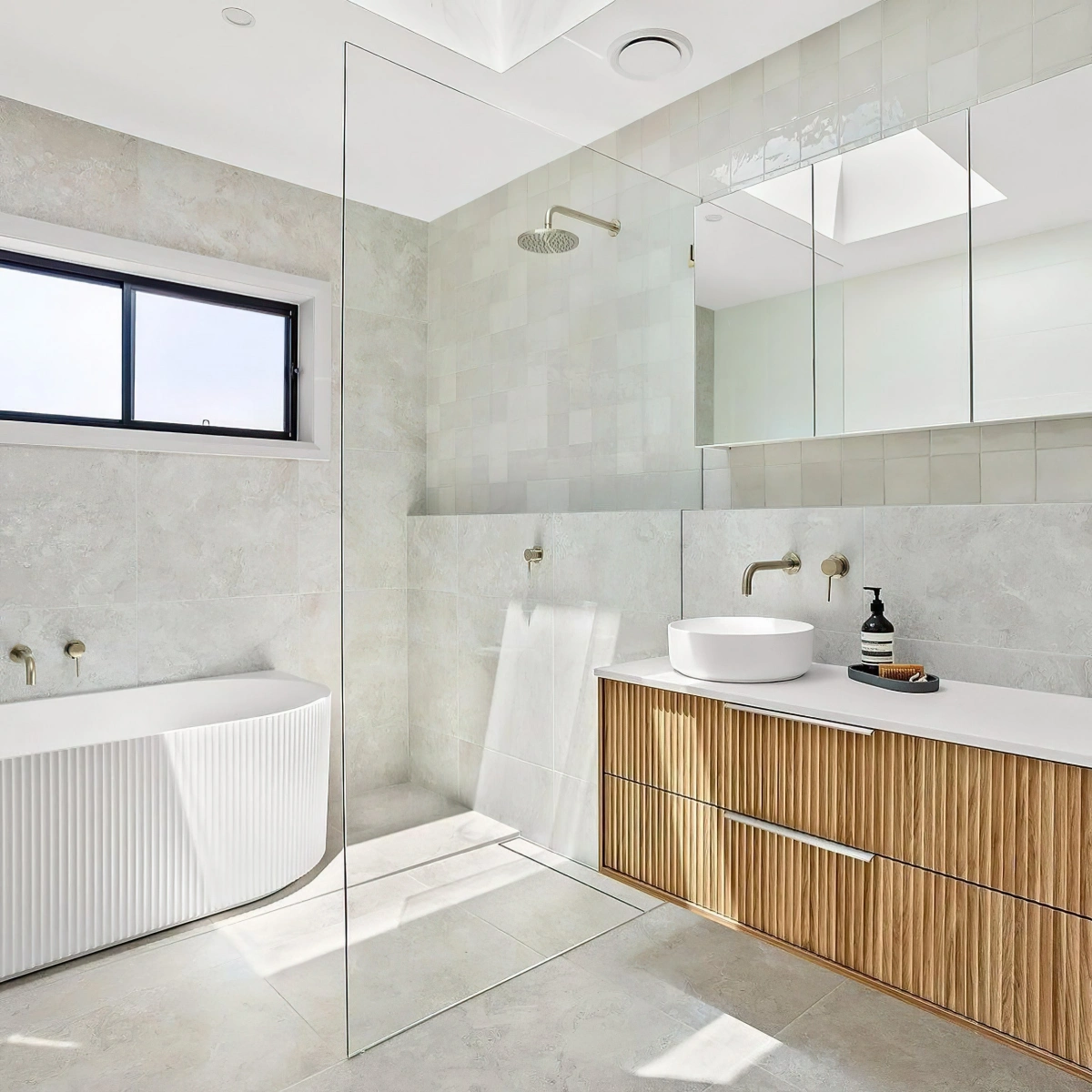 paroi douche avec baignoire dalles grand format gris clair lavabo meuble bois