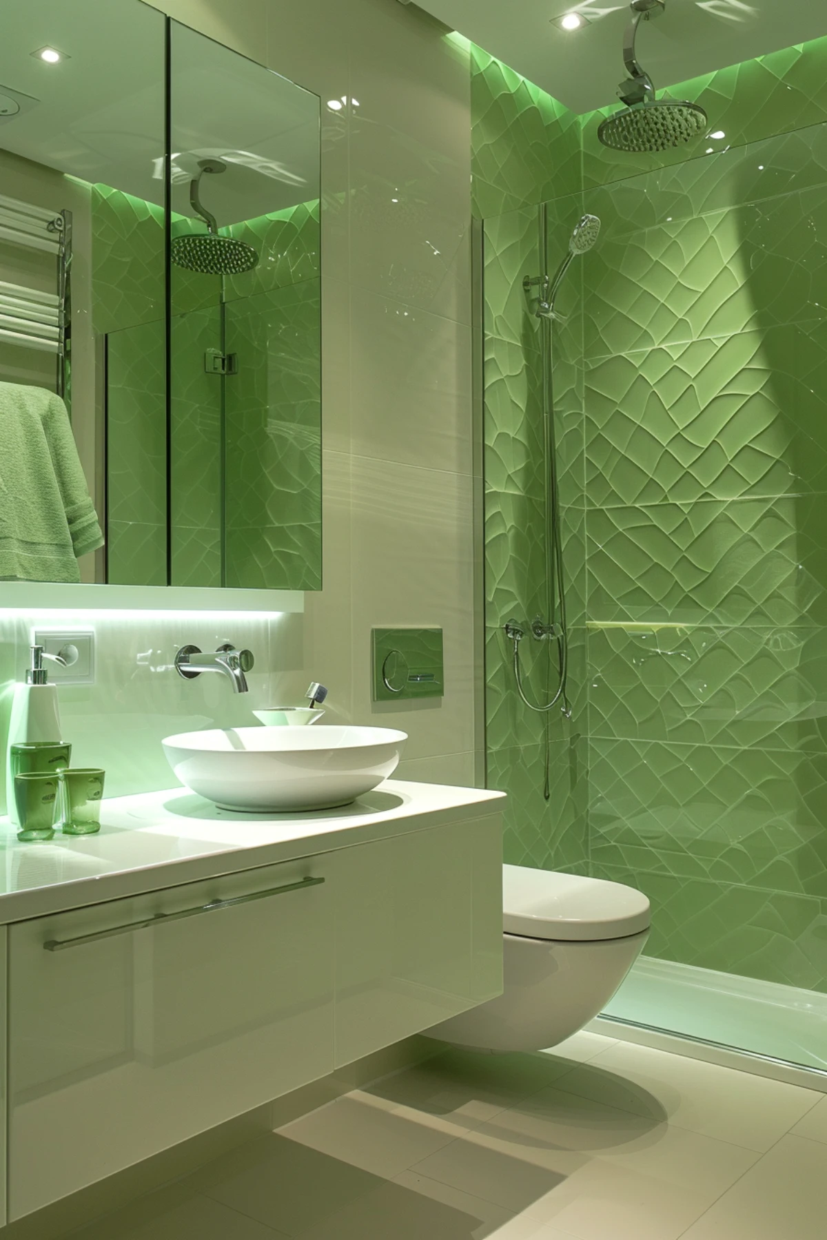 salle de bain toilettes suspendus mur vert evier blanc