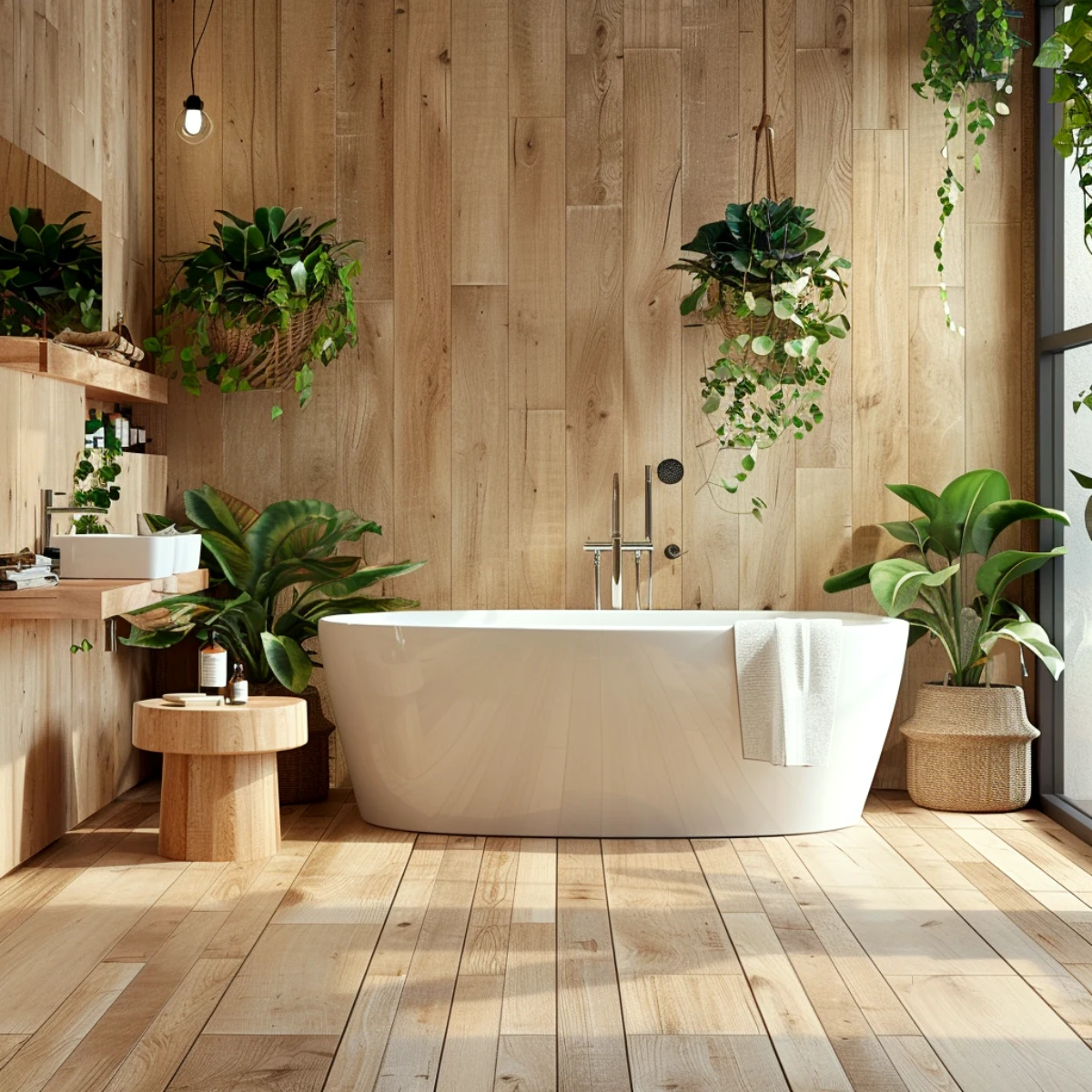 salle de bains feng shui idee bagnoire balnche bois plantes vertes