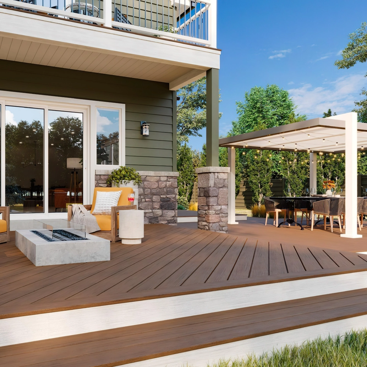 terrasse design exterieur revetement sol bois brasero verre et beton