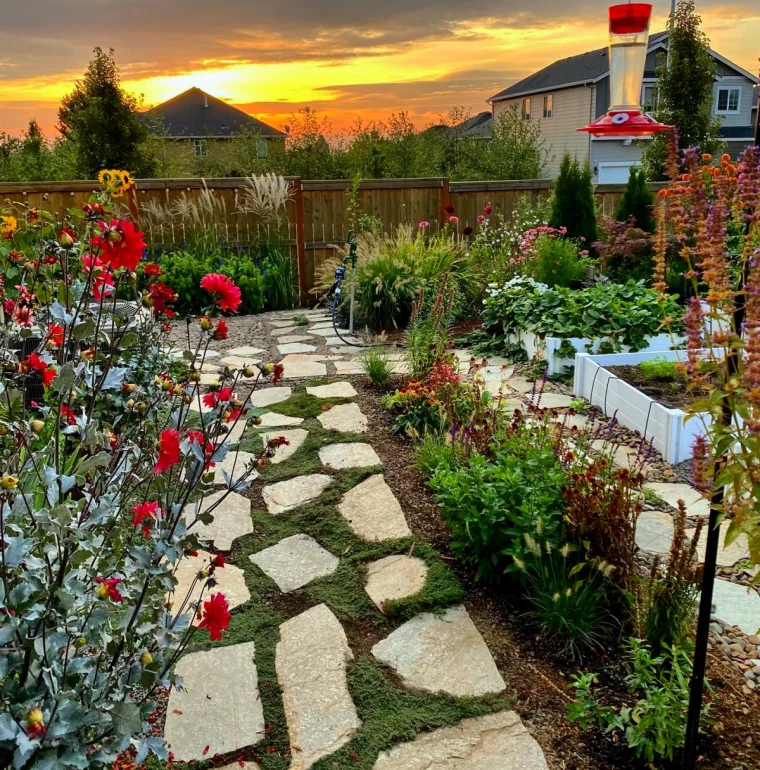 altrenative aux pelouse idee jardin dalles avec mousse fleurs rouges