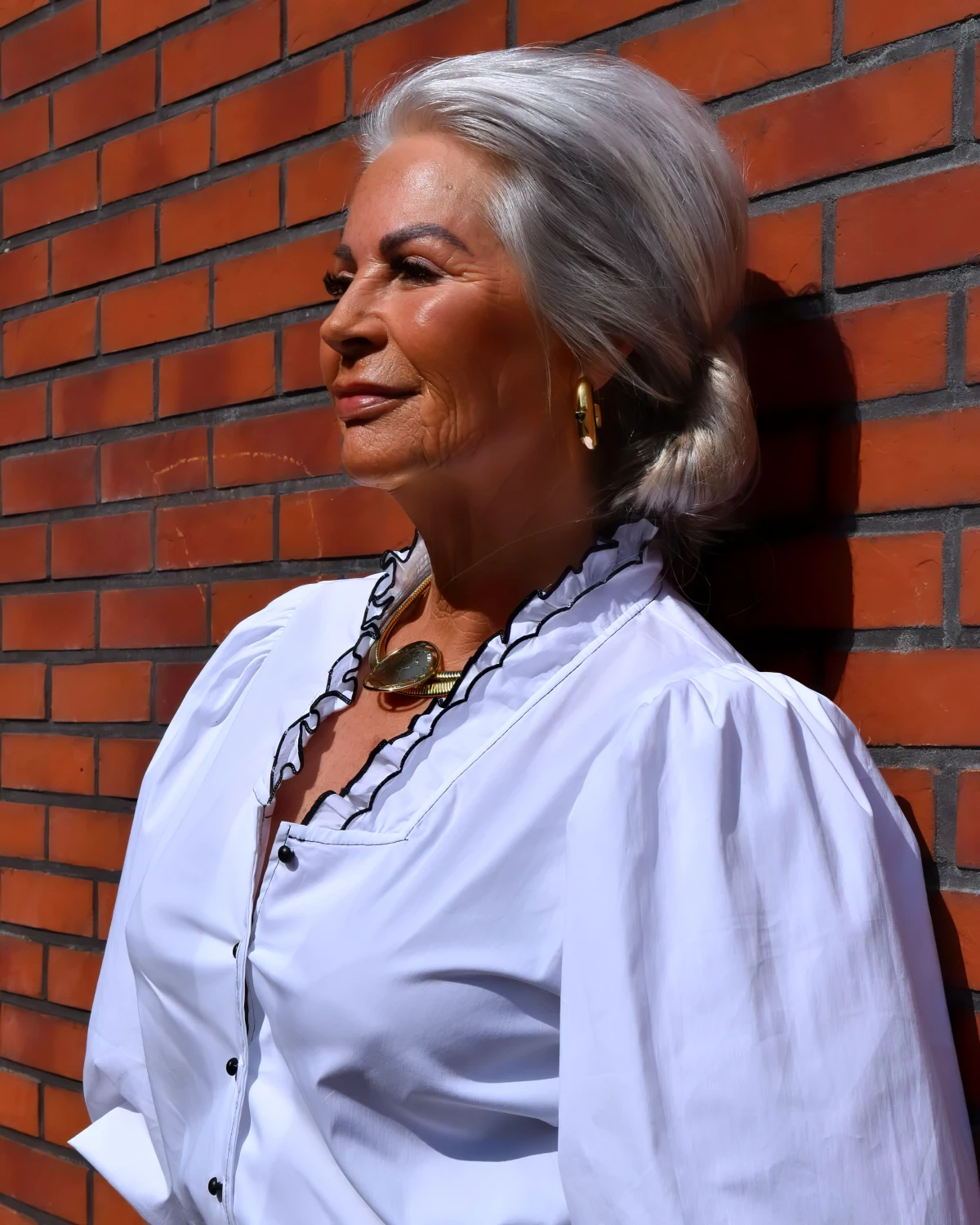 chemiser blanc blouse avec un bijoux femme cheveux gris contre un mur a briques