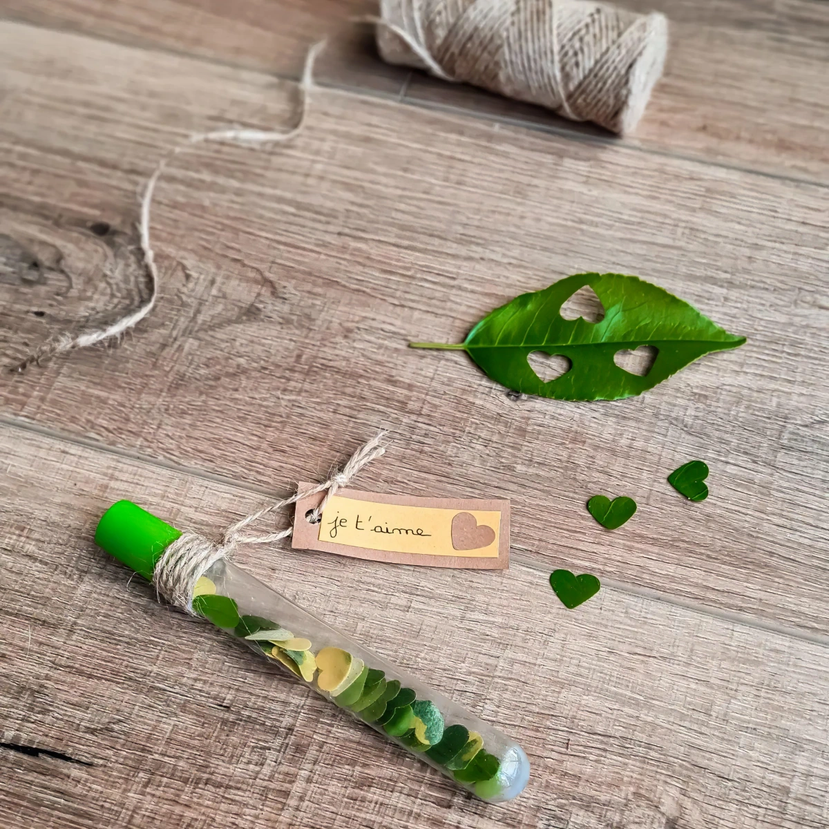 confettis naturels feuille recipient vert message surface bois cordelle