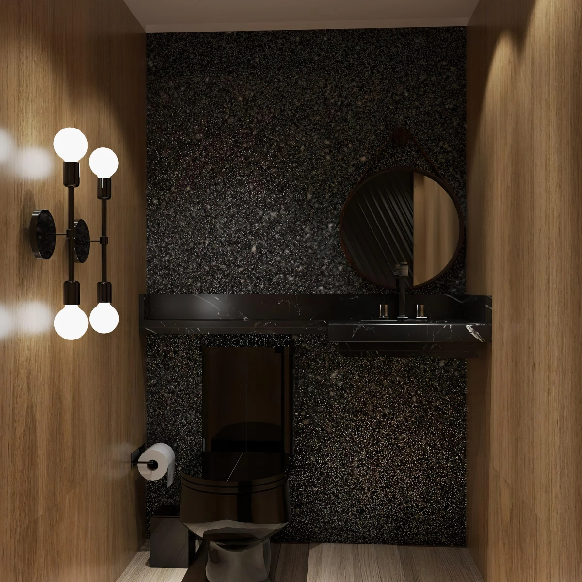 deco wc noir et bois panneaux miroir rond carrelage aspect bois cuvette noire