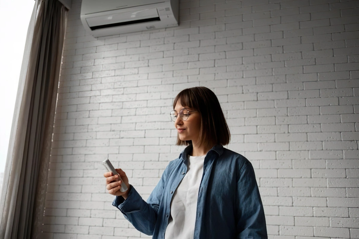 energie consommation electricite femme climatisation mur briques blanches