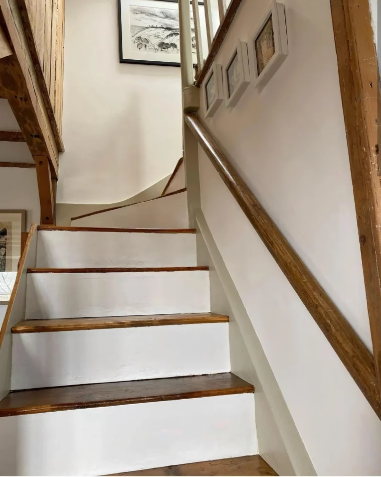 escalier renovation peinture contremarches blanches bois cadres photos